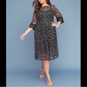 LANE BRYANT BLACK PINK EMBROIDERED 3/4 SLEEVE MIDI FIT & FLARE DRESS